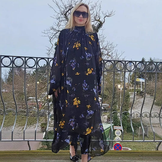 Damen Chiffon-Maxikleid mit Stehkragen, Keyhole-Ausschnitt & voluminösen Ballonärmeln Nord Taschen