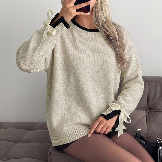 Damen Oversize-Feinstrickpullover mit kontrastgerippter Passe und Schleifen-Details Nord Taschen