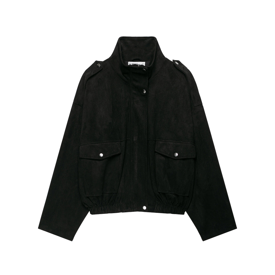 Damen Taillierte Velours‑Bomberjacke mit Stehkragen, Schulterriegeln und großen Pattentaschen Nord Taschen