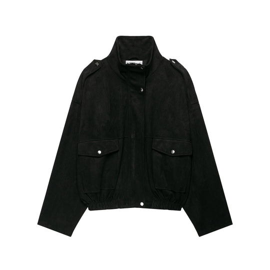 Damen Taillierte Velours‑Bomberjacke mit Stehkragen, Schulterriegeln und großen Pattentaschen Nord Taschen
