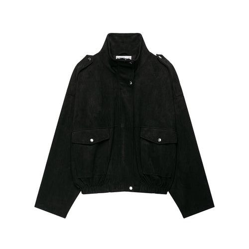 Damen Taillierte Velours‑Bomberjacke mit Stehkragen, Schulterriegeln und großen Pattentaschen Nord Taschen