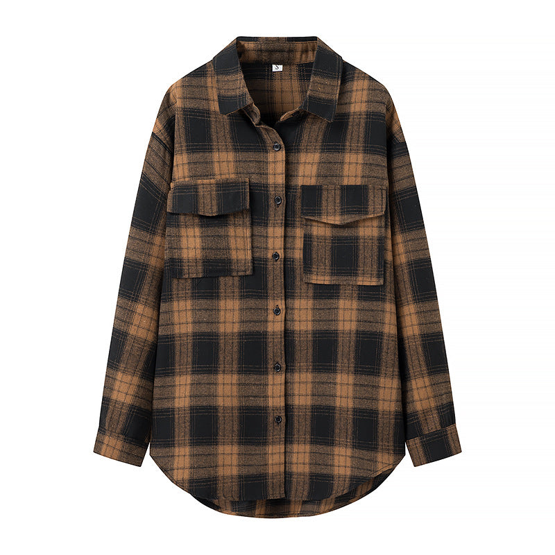 Damen Oversize‑Karo‑Hemdbluse mit aufgesetzten Brusttaschen und abgerundetem Saum Nord Taschen