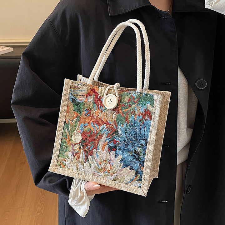 Damen Jute-Tragetasche mit kunstvollem floralem Stickdesign Nord Taschen