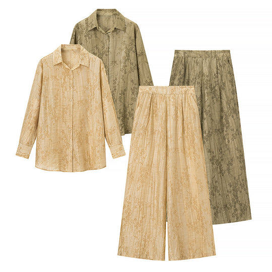 Damen Zweiteiliges Jacquard-Loungewear-Set mit Hemdbluse und weiter Palazzohose Nord Taschen