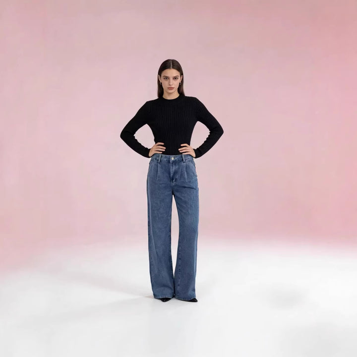Damen hochgeschnittene Bundfalten-Weitbein-Jeans mit hohem Bund und Gürtelschlaufen Nord Taschen