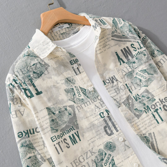 Herren Overshirt aus Baumwoll‑Leinen mit typografischem Zeitungsprint und Relaxed‑Fit Nord Taschen