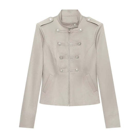 Damen Militärisch inspirierte Kurzjacke mit Reißverschluss und Zierknöpfen Nord Taschen