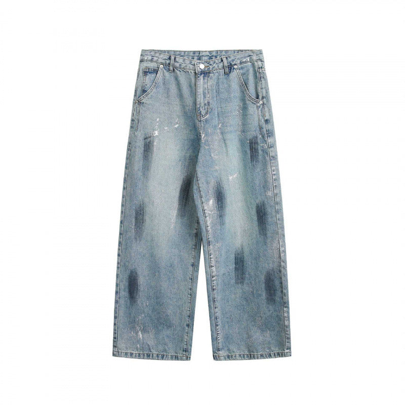 Unisex Weite Cropped-Jeans im Used-Look mit hohem Bund und Paint-Effekt Nord Taschen