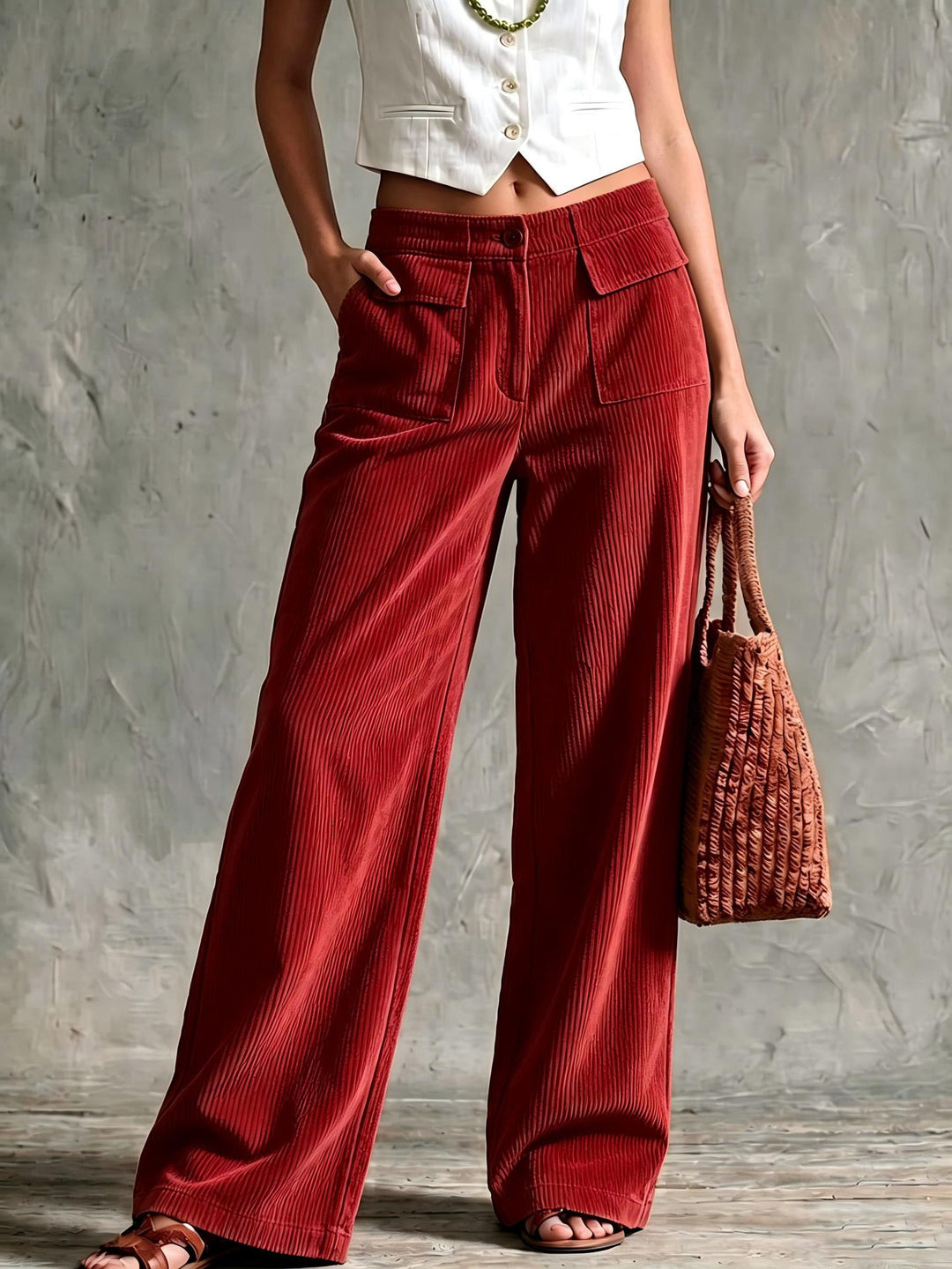 Damen Weite Cord-Palazzohose mit hoher Taille und aufgesetzten Pattentaschen Nord Taschen