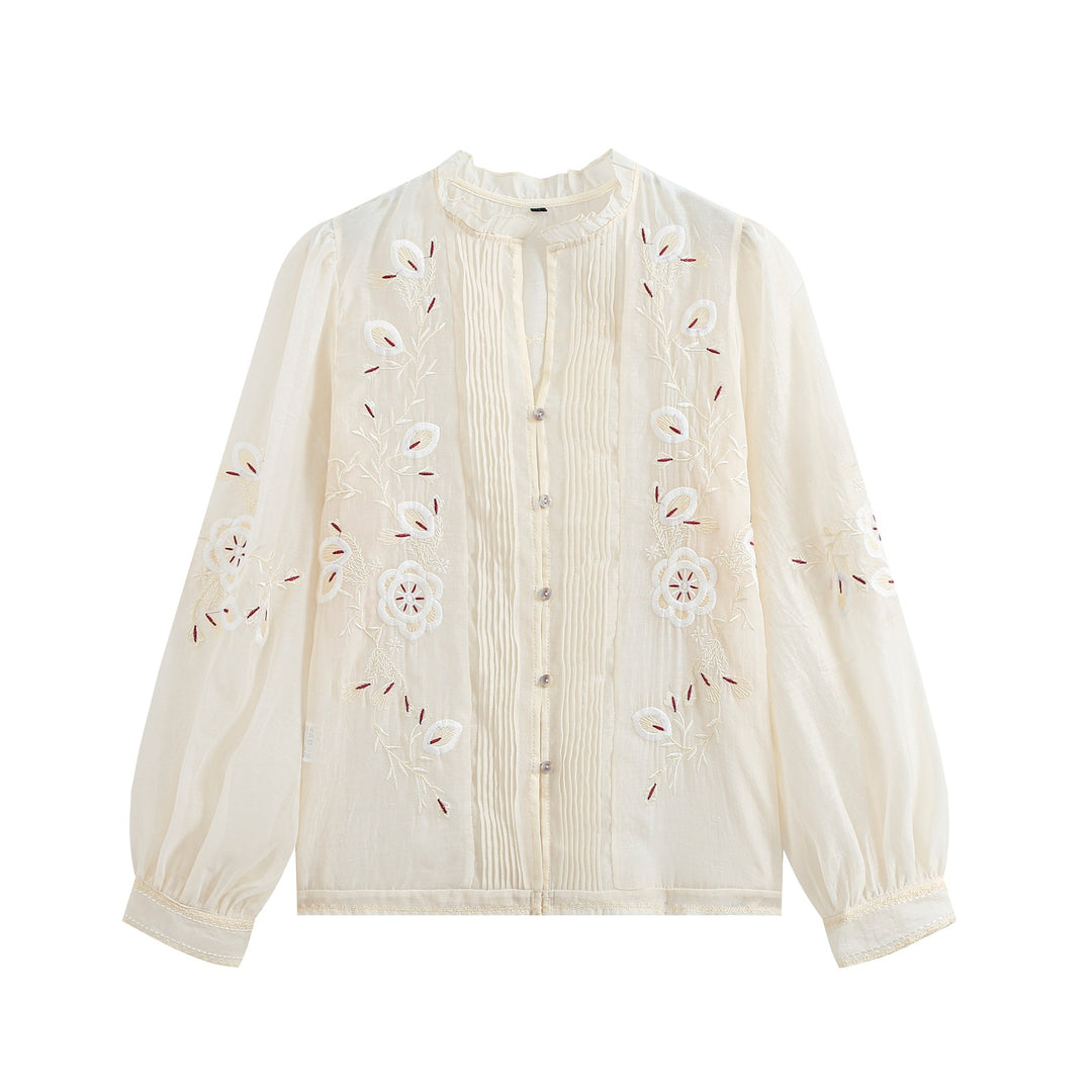 Damen Gestickte Vintage‑Bluse mit Biesen, Stehkragen und Ballonärmeln Nord Taschen