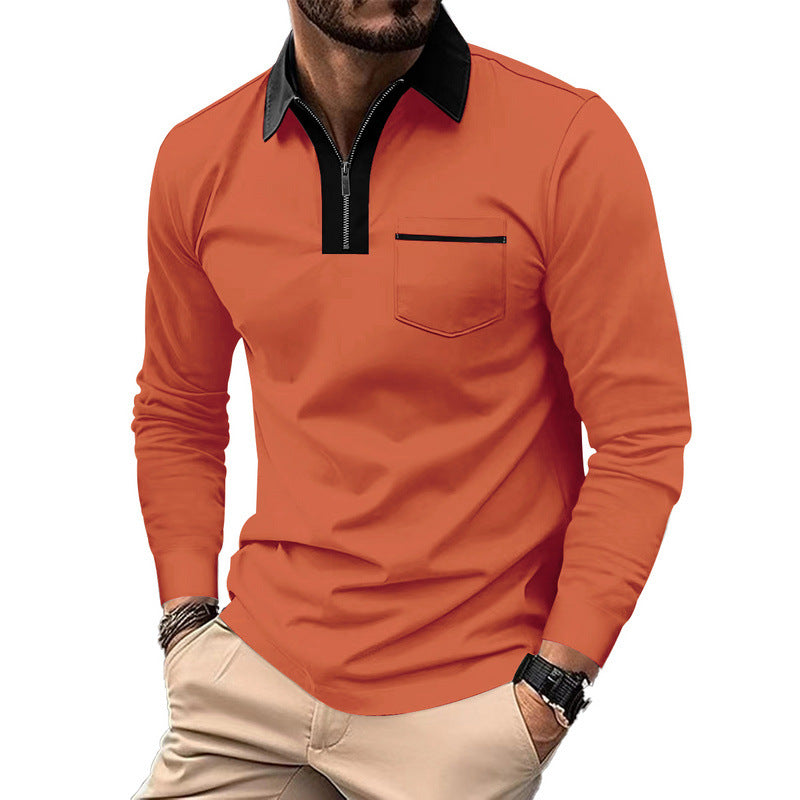 Herren nan elegantes Langarm-Poloshirt mit markantem Stehkragen Metall-Kurzreißverschluss und Brustleistentasche