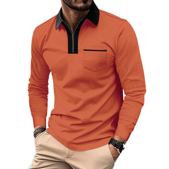 Herren nan elegantes Langarm-Poloshirt mit markantem Stehkragen Metall-Kurzreißverschluss und Brustleistentasche