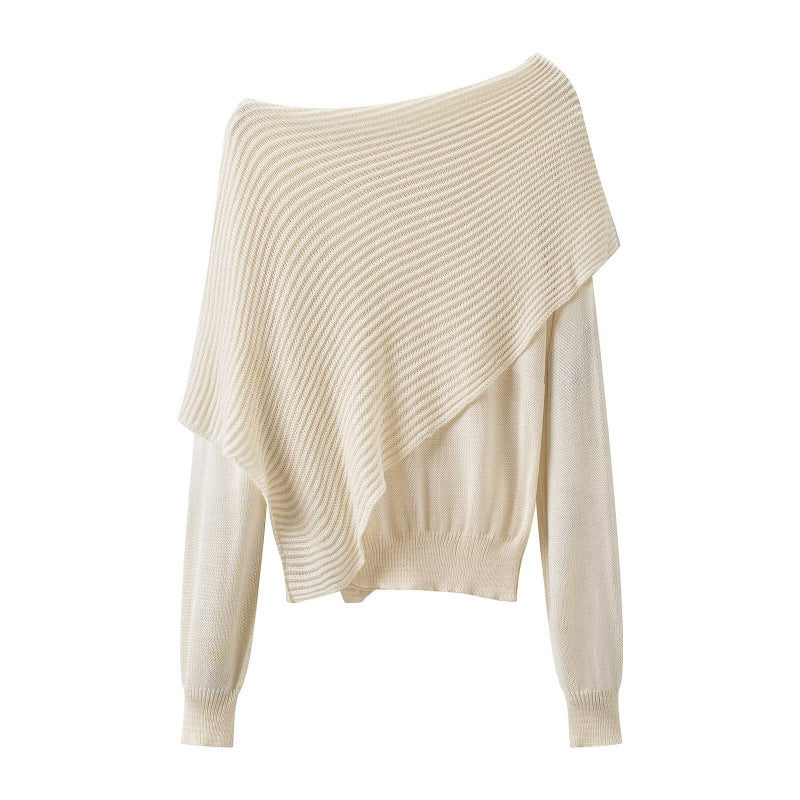 Damen Asymmetrischer schulterfreier Strickpullover mit Poncho‑Einsatz Nord Taschen