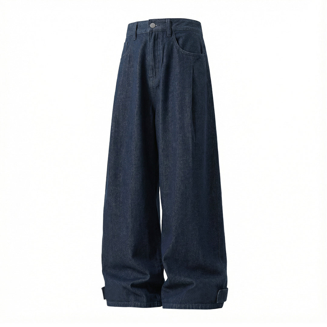 Damen Extraweite High‑Waist Denim‑Palazzohose mit Krempel‑ und Gurtdetail Nord Taschen