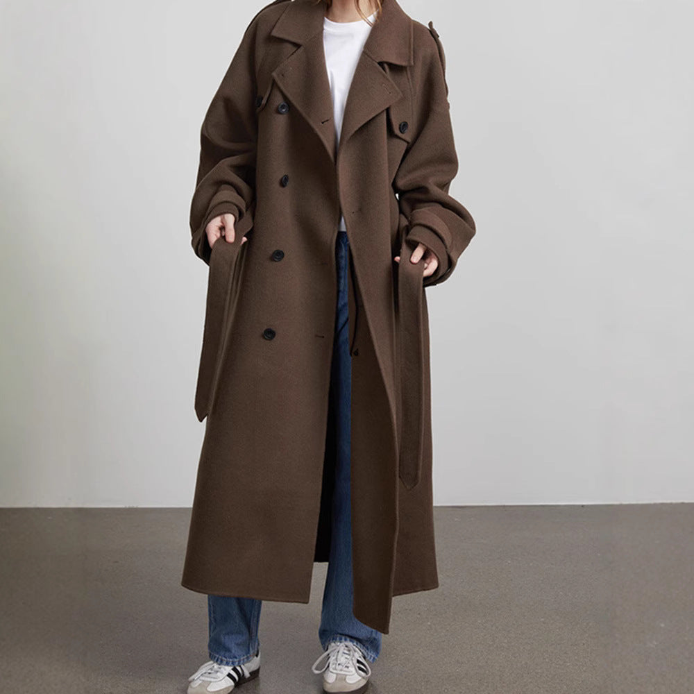 Damen Oversize Wollmantel mit breitem Reverskragen und Taillengürtel Nord Taschen