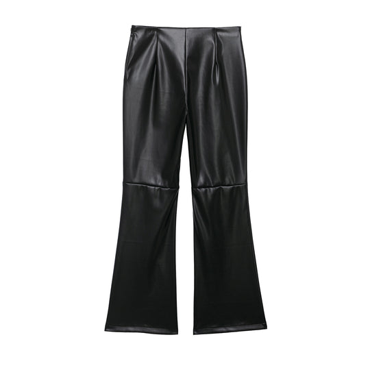Damen hochgeschnittene ausgestellte Kunstlederhose mit Schnürungsdetail in der Taille Nord Taschen