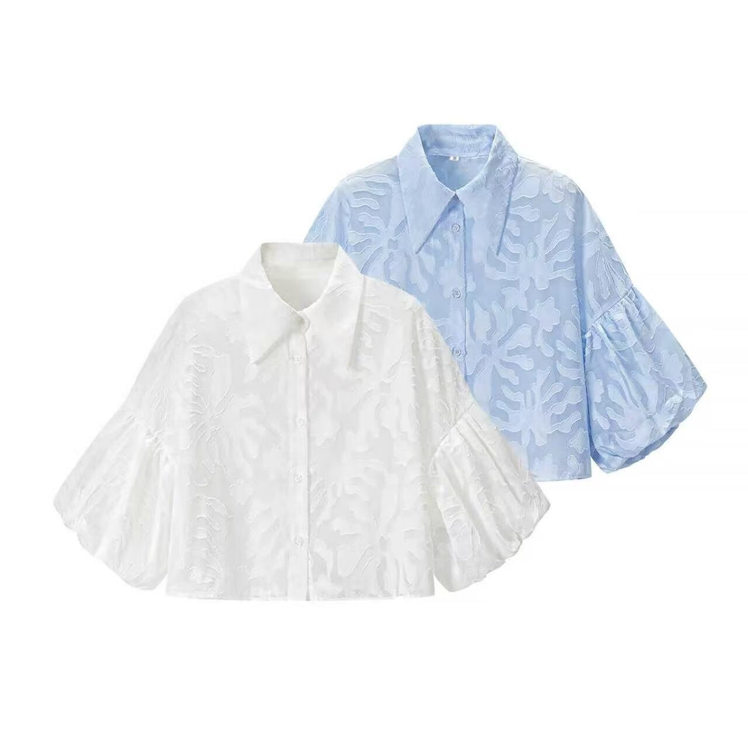 Damen Transparente Organza-Bluse mit weitem Schnitt, Volumenärmeln und Hemdkragen Nord Taschen