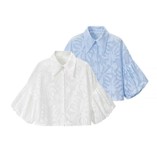 Damen Transparente Organza-Bluse mit weitem Schnitt, Volumenärmeln und Hemdkragen Nord Taschen