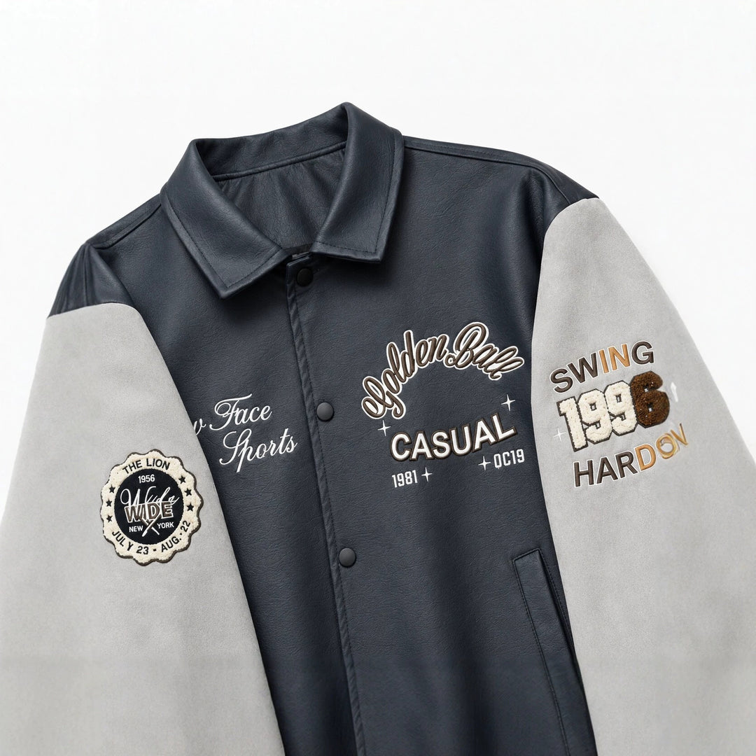 Herren Varsity-Lederoptik Collegejacke mit Kontrastärmeln, gestickten Patches und geripptem Saum Nord Taschen