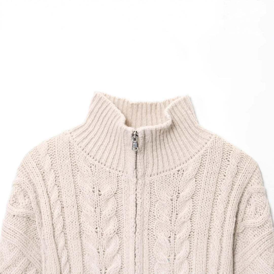 Damen Grobgestrickte Zopfstrick-Cardigan mit Stehkragen und Reißverschluss Nord Taschen