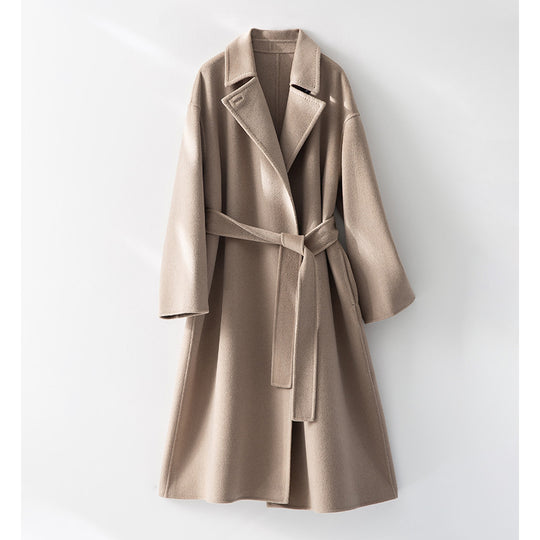 Damen Gerader Wollmix-Mantel mit verdeckter Knopfleiste und Selbstbindegürtel Nord Taschen