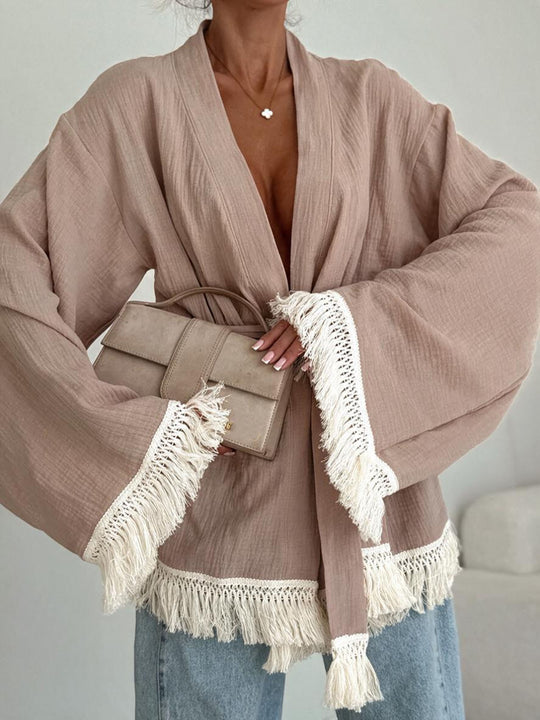 Damen Fransen-Kimono-Jacke aus Leinenoptik mit Taillengürtel Nord Taschen