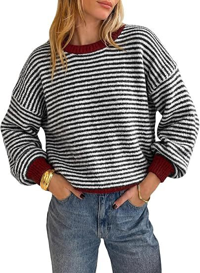 Damen Gestreifter Rippstrick-Pullover mit Kontrast-Bündchen Nord Taschen