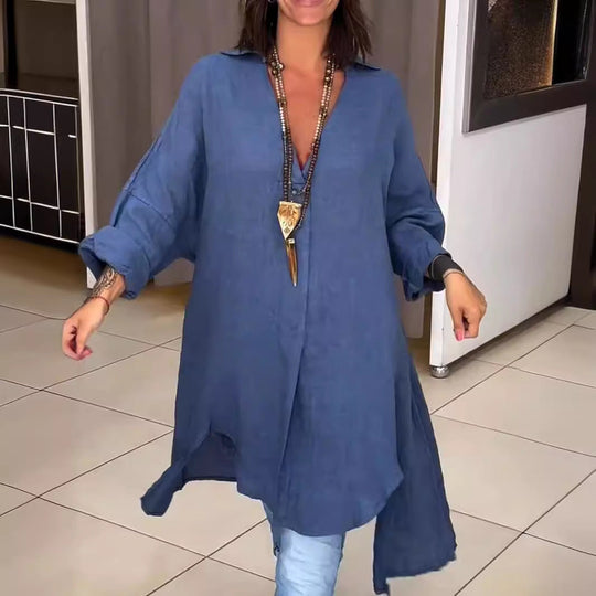 Damen Lässige Leinenbluse mit durchgehender Knopfleiste und umschlagbaren Ärmeln