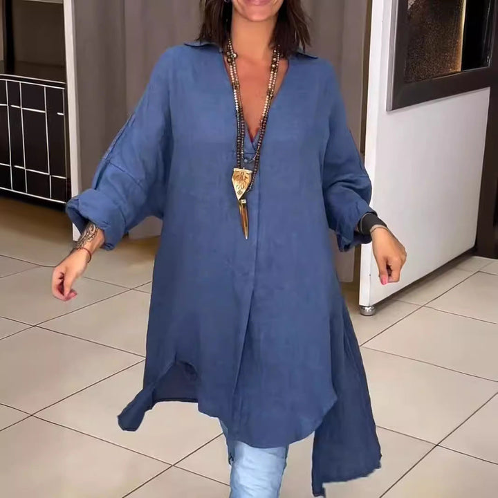 Damen Lässige Leinenbluse mit durchgehender Knopfleiste und umschlagbaren Ärmeln