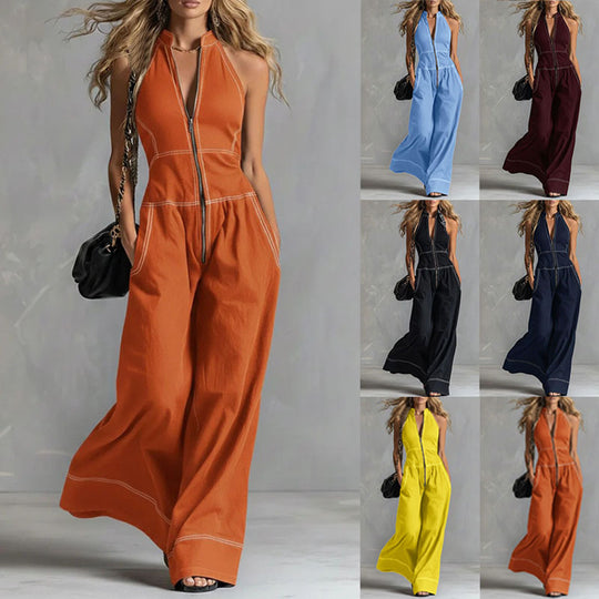 Damen Ärmelloser Halter-Jumpsuit mit Reißverschluss, weitem Bein und Eingrifftaschen Nord Taschen