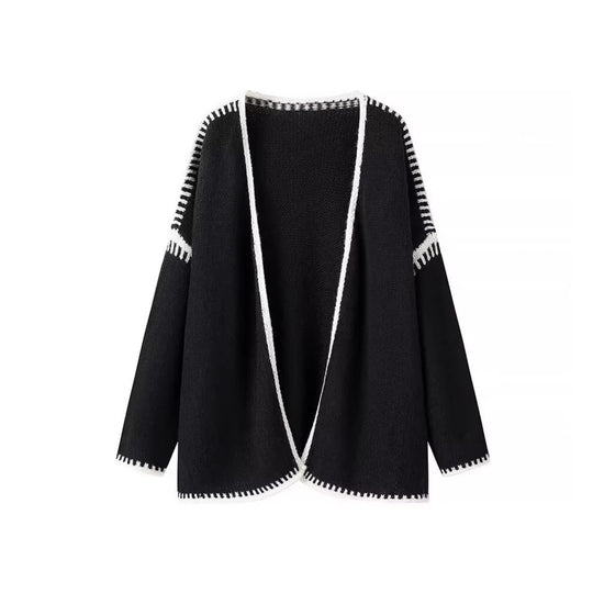 Damen Oversize-Strickjacke mit kontrastierender Häkelkante und überschnittener Schulter Nord Taschen