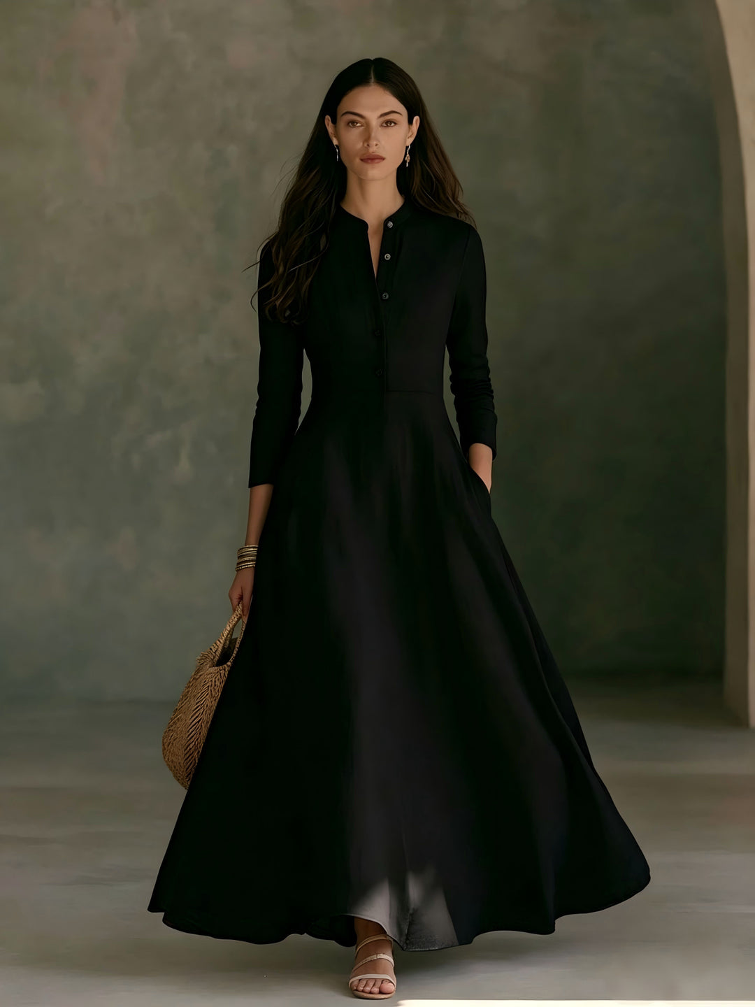 Damen Elegantes Langarm Maxikleid Nord Taschen
