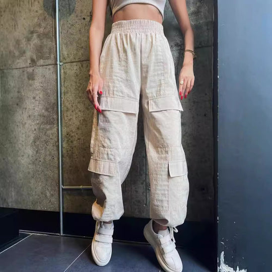 Damen Cargo-Haremshose mit hoher elastischer Taille und aufgesetzten Klappentaschen Nord Taschen