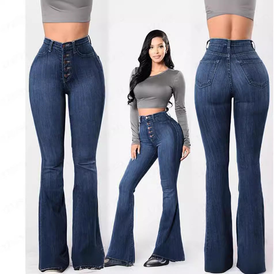 Damen hochgeschnittene Bootcut-Jeans mit sichtbarer Knopfleiste, figurformendem Stretch und schlankem Oberschenkel Nord Taschen
