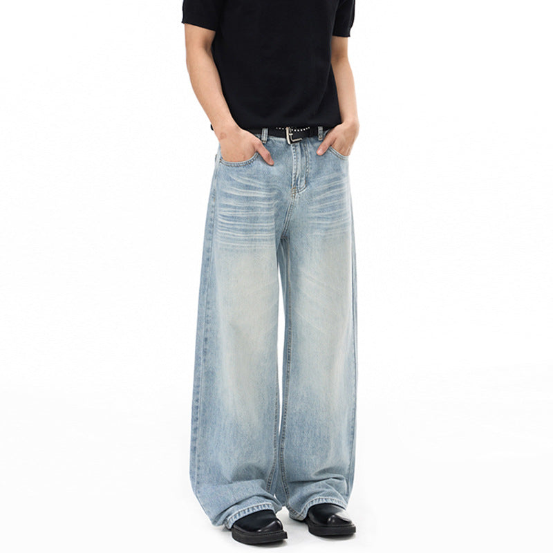 Herren Weitfallende Loose-Palazzo-Denimjeans mit tiefem Schritt und heller Used-Waschung Nord Taschen