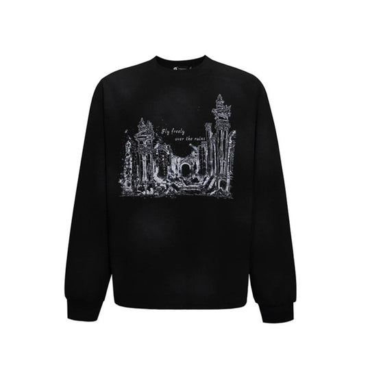 Damen Oversize-Sweatshirt mit Waffelstruktur, Rundhalsausschnitt und Ruinen-Skizzenprint Nord Taschen