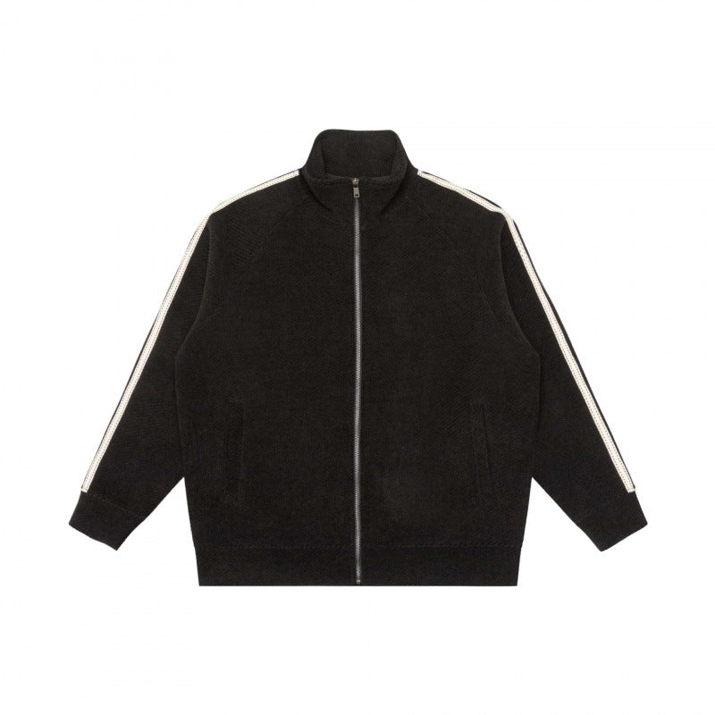 Unisex Oversize-Teddyfleece-Zippjacke mit Stehkragen und Kontraststreifen Nord Taschen