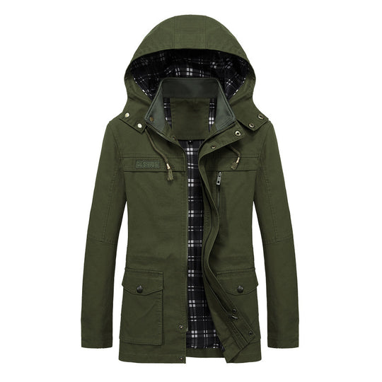 Herren Canvas-Fieldparka mit Kapuze, kariertem Innenfutter und Multifunktionstaschen Nord Taschen