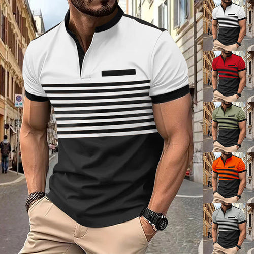 Herren nan kurzärmeliges Streifen-Kurzarmshirt mit Knopfleiste, Stehkragen und Brustpaspel Nord Taschen
