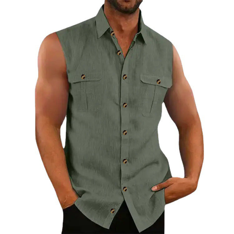 Herren ärmelloses Chambray-Hemd mit Brusttaschen und Knopfdetails