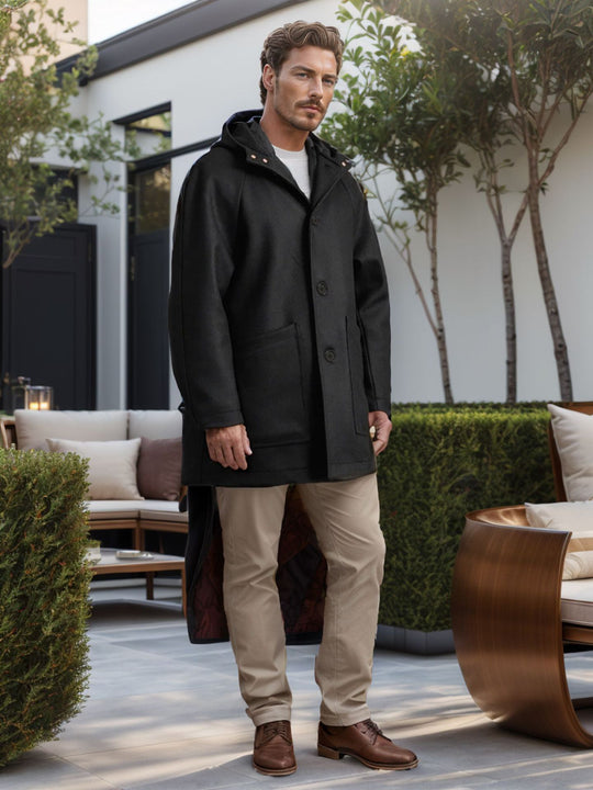 Herren Kapuzenmantel aus Wollmix mit gerader Silhouette, verdeckter Knopfleiste und großen Aufgesetzten Taschen Nord Taschen
