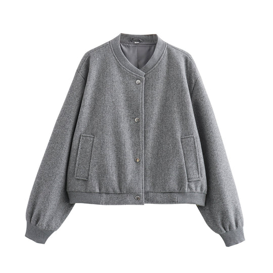 Damen Kurze Oversize-Collegejacke im Wollmix mit Druckknopfverschluss, Eingrifftaschen und Rippenbündchen Nord Taschen