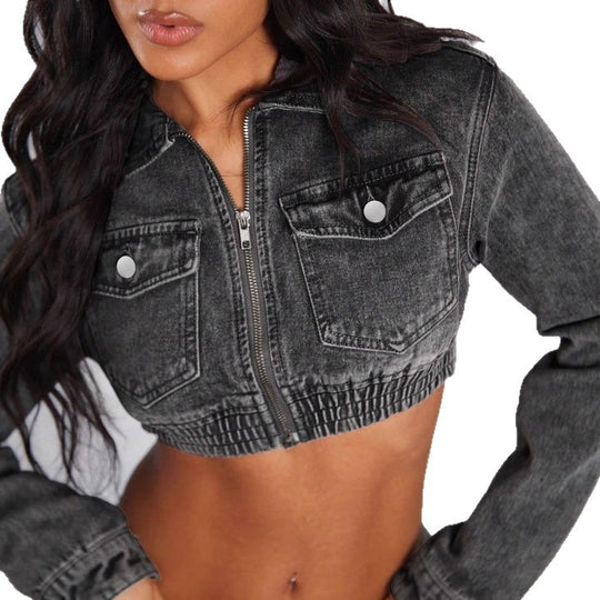 Damen Cropped-Denim-Set aus Jacke und Midirock mit Reißverschluss, elastischem Bund & Cargo-Taschen Nord Taschen