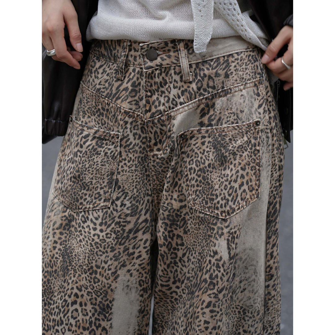 Damen Palazzo-Hose mit Leopardenmuster, hohem Bund und großen aufgesetzten Taschen Nord Taschen