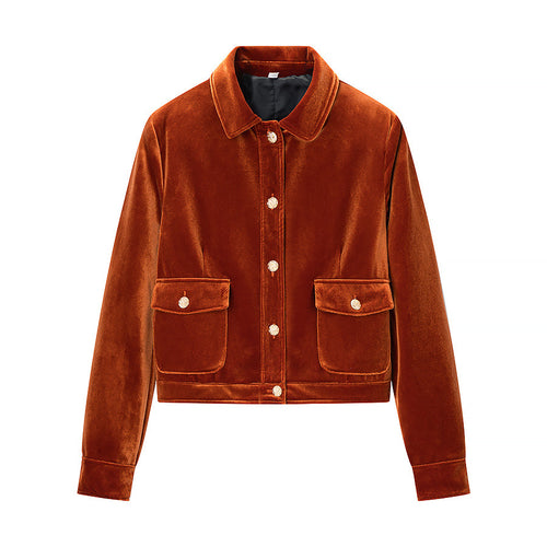 Damen Samt-Boxy-Jacke mit Pattentaschen und goldenen Zierknöpfen Nord Taschen