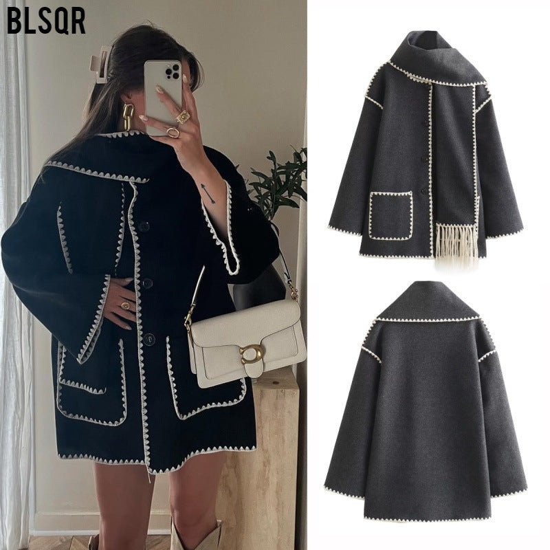 Damen Cape-Mantel mit angesetztem Fransen-Schal und Zier-Zickzacknaht Nord Taschen