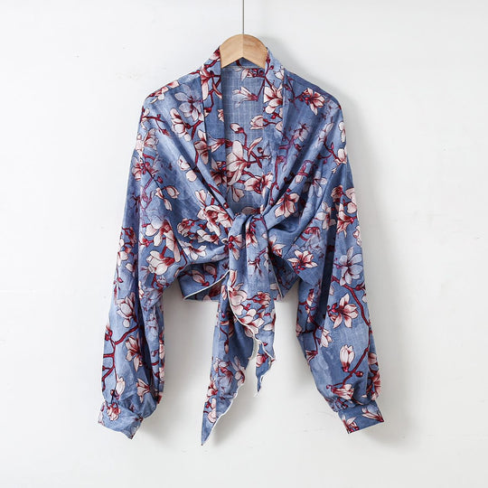 Damen nan florale Knoten-Bluse im Wickelstil mit Ballonärmeln und leichter Leinenoptik