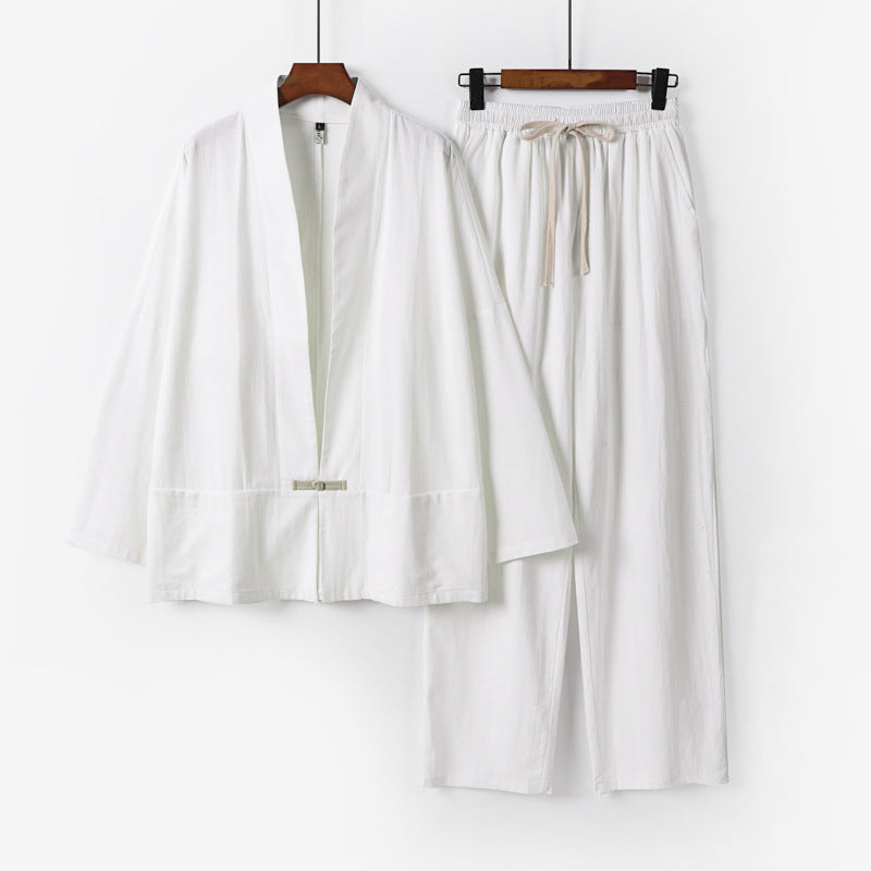 Herren Zen-inspiriertes Kimono-Loungewear-Set aus leichter Baumwollmischung mit offenem Schnitt und Kordelbundhose Nord Taschen