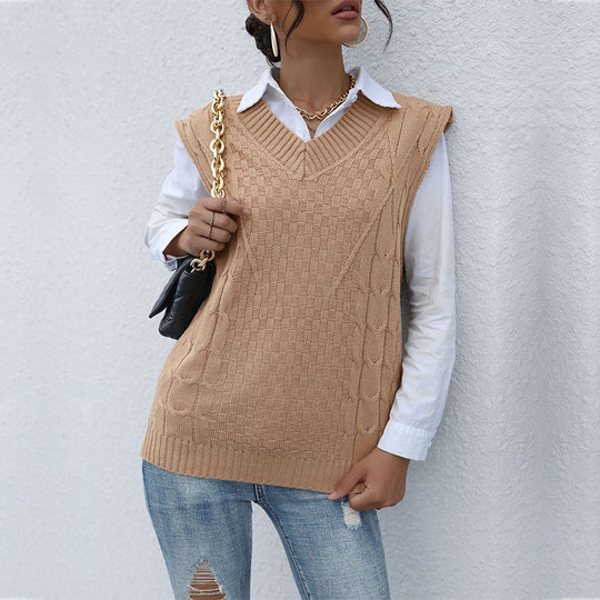 Damen Strick-Weste mit V‑Ausschnitt, Zopfmuster und lässiger Oversize-Silhouette Nord Taschen