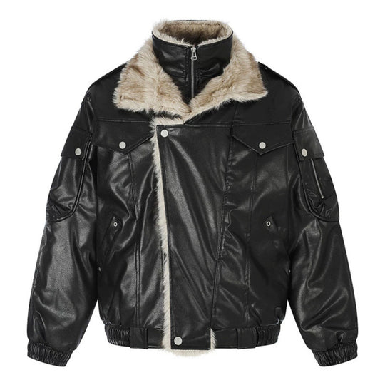 Damen Oversize Kunstleder-Fliegerjacke mit Teddyfutter und Stehkragen Nord Taschen